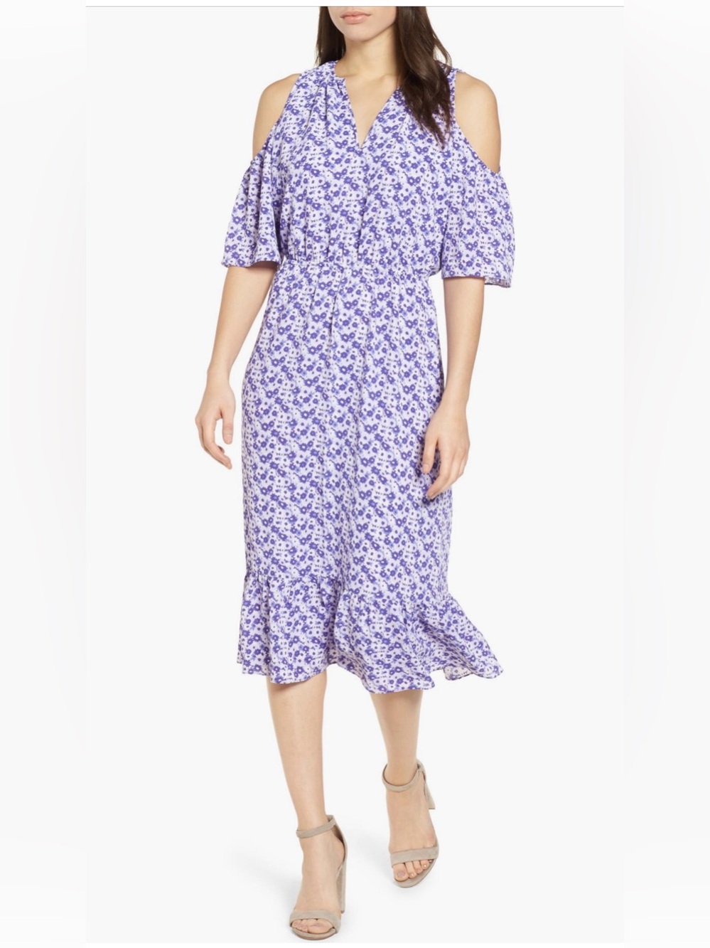 Michael Kors Purple Floral Cold Shoulder Ruffle Midi Dress Size M